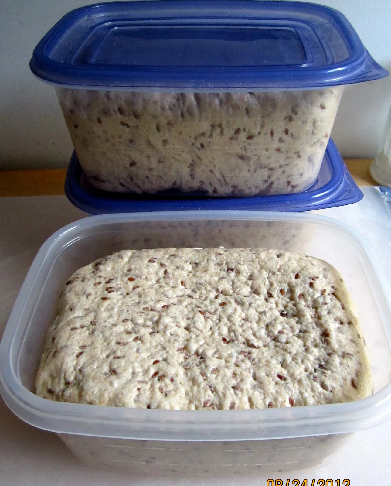 Der Teig für Leinsamenbrot nach der Übernachtgare im Kühlschrank