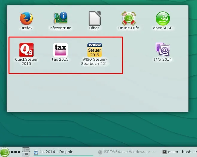 Desktop-Icons der Steuerprogramme Tax 2015, WISO Steuer-Sparbuch 2015 und Quicksteuer 2015 unter Linux nach der Installation via Wine