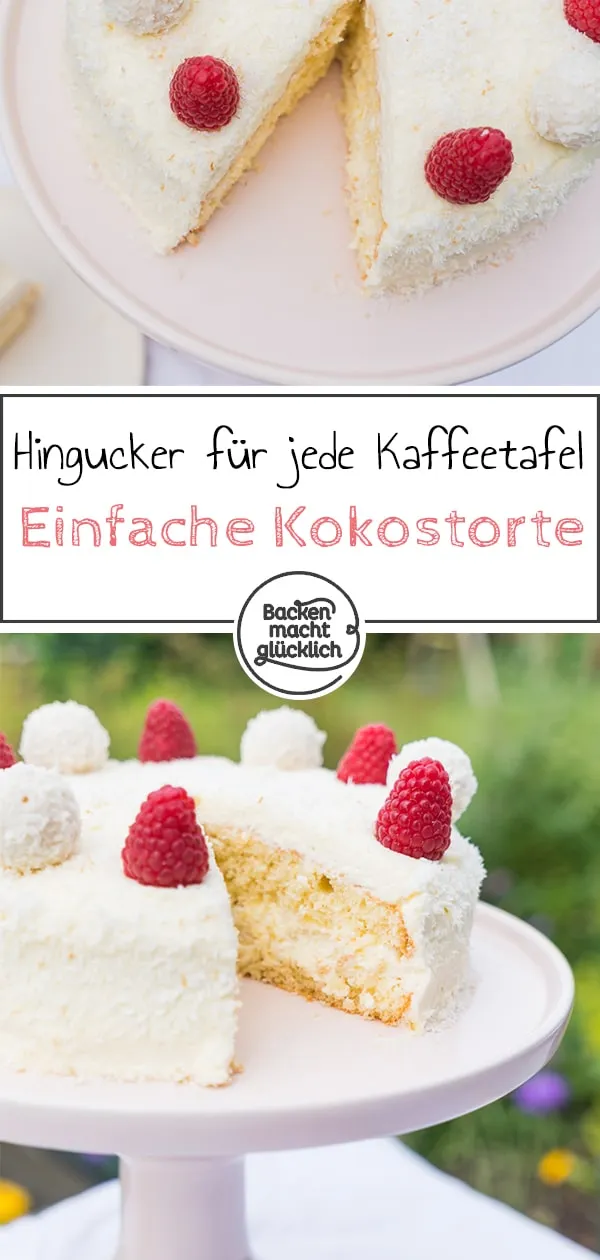 Detailansicht der raffinierten Dekoration einer Raffaello-Torte mit frischen Früchten und Kokos.