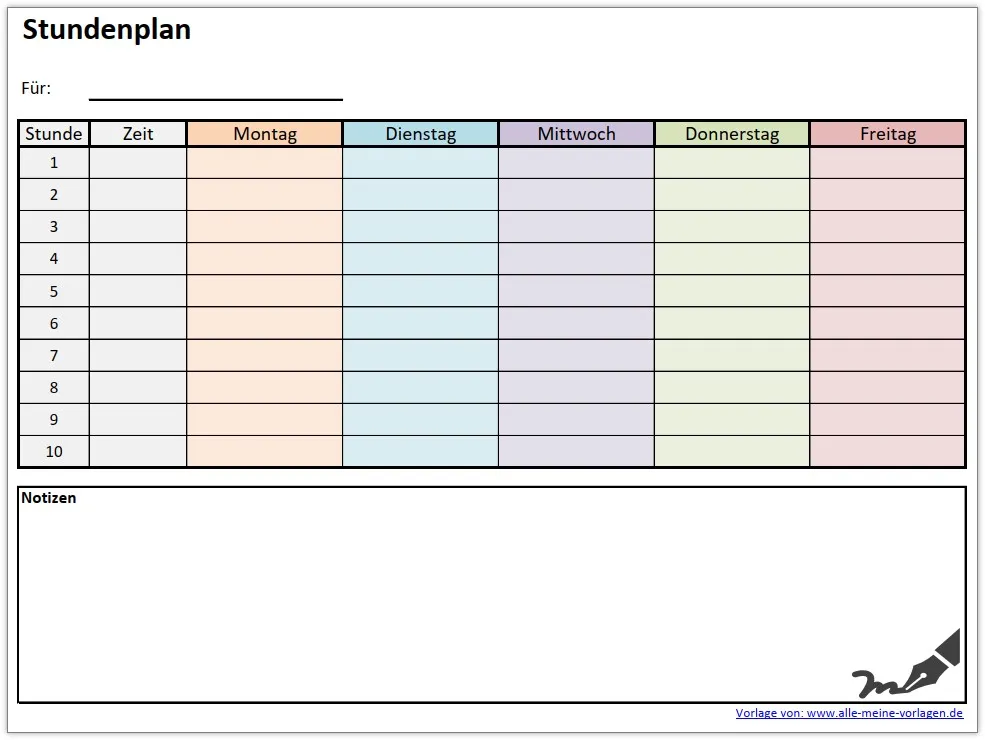 Detailansicht einer farbigen Stundenplan Vorlage im Querformat für das Schuljahr