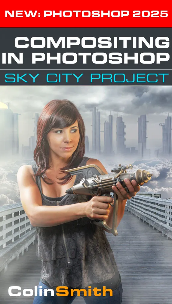 Detailansicht eines Photoshop-Tutorials mit Fokus auf Compositing und die Erstellung einer futuristischen Himmelsstadt, das die komplexen Möglichkeiten von Adobe Photoshop 2025 aufzeigt.