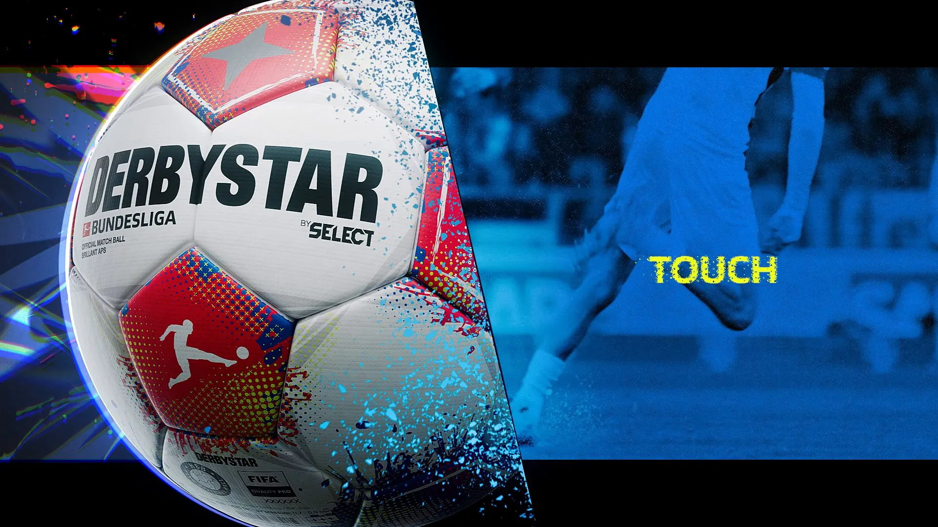 Detailaufnahme des neuen Derbystar Bundesliga Balls 2025/26 mit seinem dynamischen Farbdesign