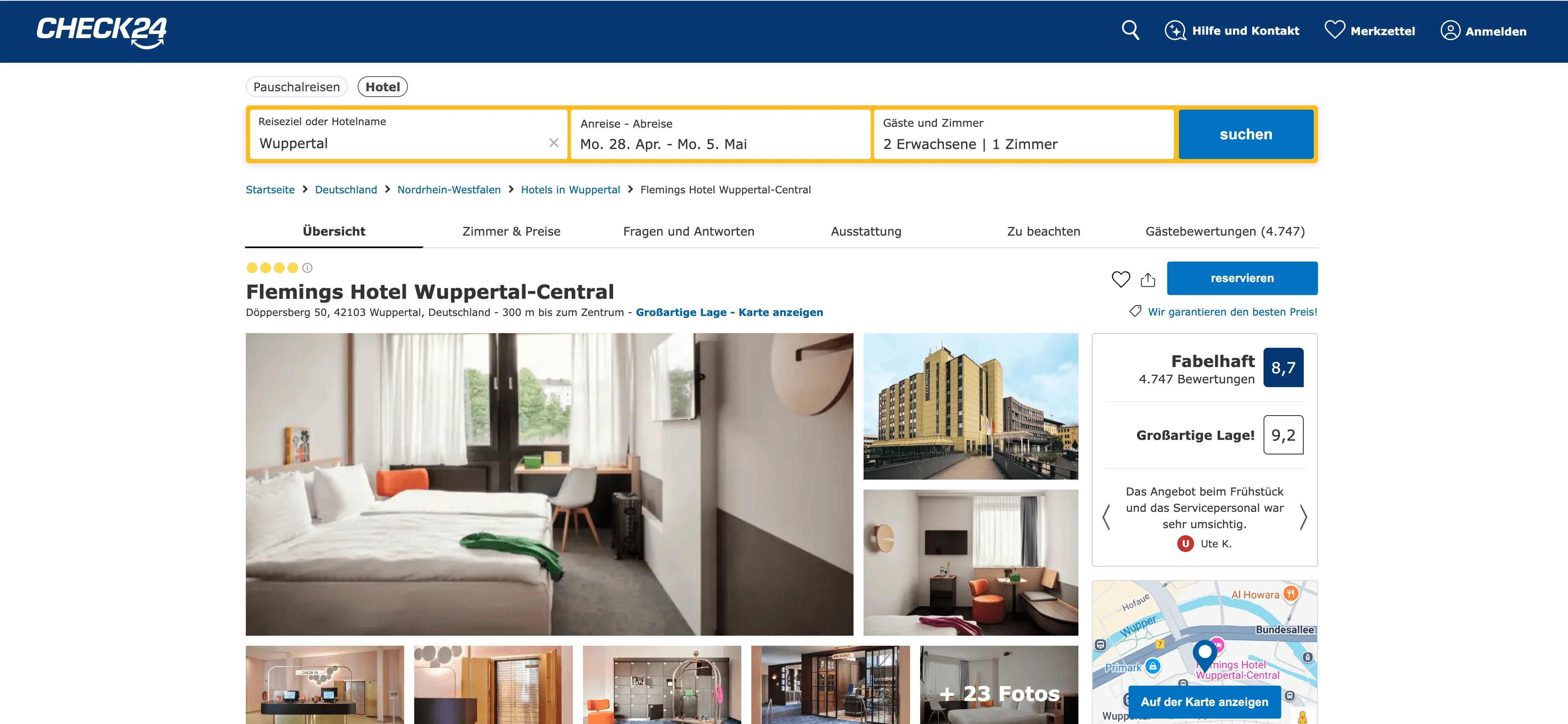 Detailseite eines Hotels auf Check24 Reisen mit umfangreichen Informationen