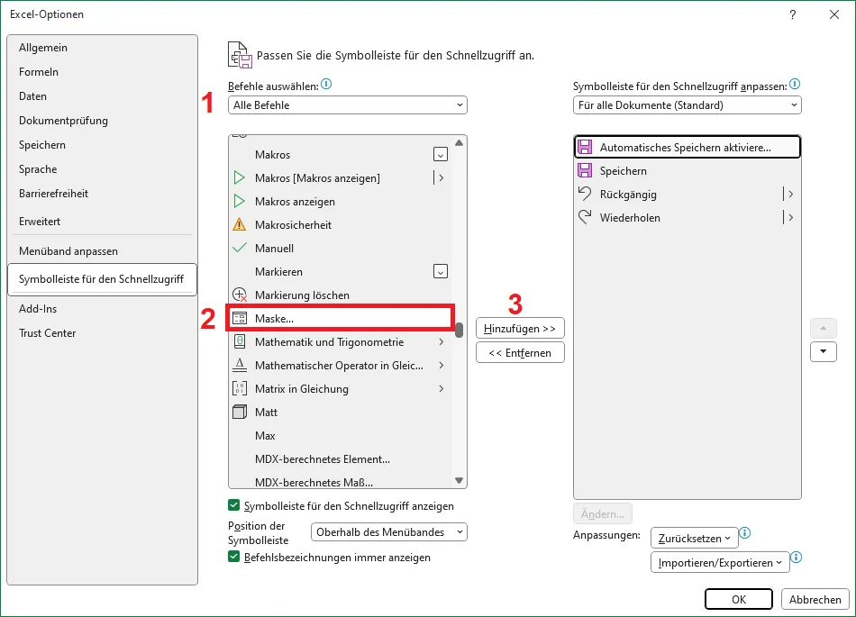 Dialogfeld "Excel-Optionen" mit markiertem Befehl "Maske" zum Hinzufügen
