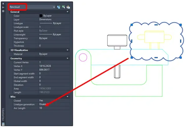 Dialogfeld für Revisionswolken-Eigenschaften in AutoCAD 2021