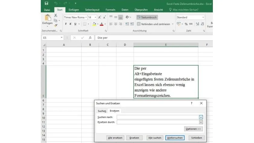 Dialogfeld "Suchen und Ersetzen" in Excel mit der Eingabe für den Zeilenumbruch-Code