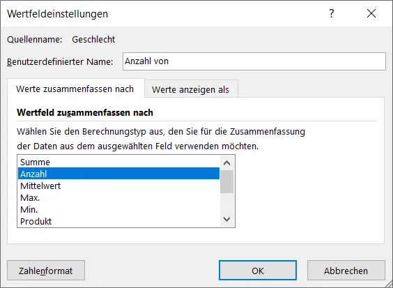 Dialogfeld "Wertfeldeinstellungen" in Excel, zeigt die Option zur Auswahl der Aggregationsfunktion wie "Anzahl"
