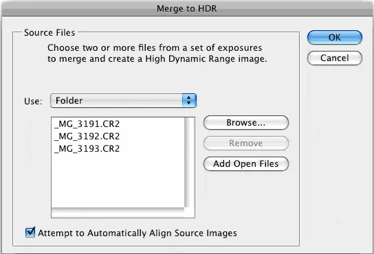 Dialogfeld "Zu HDR Pro zusammenfügen" in Photoshop