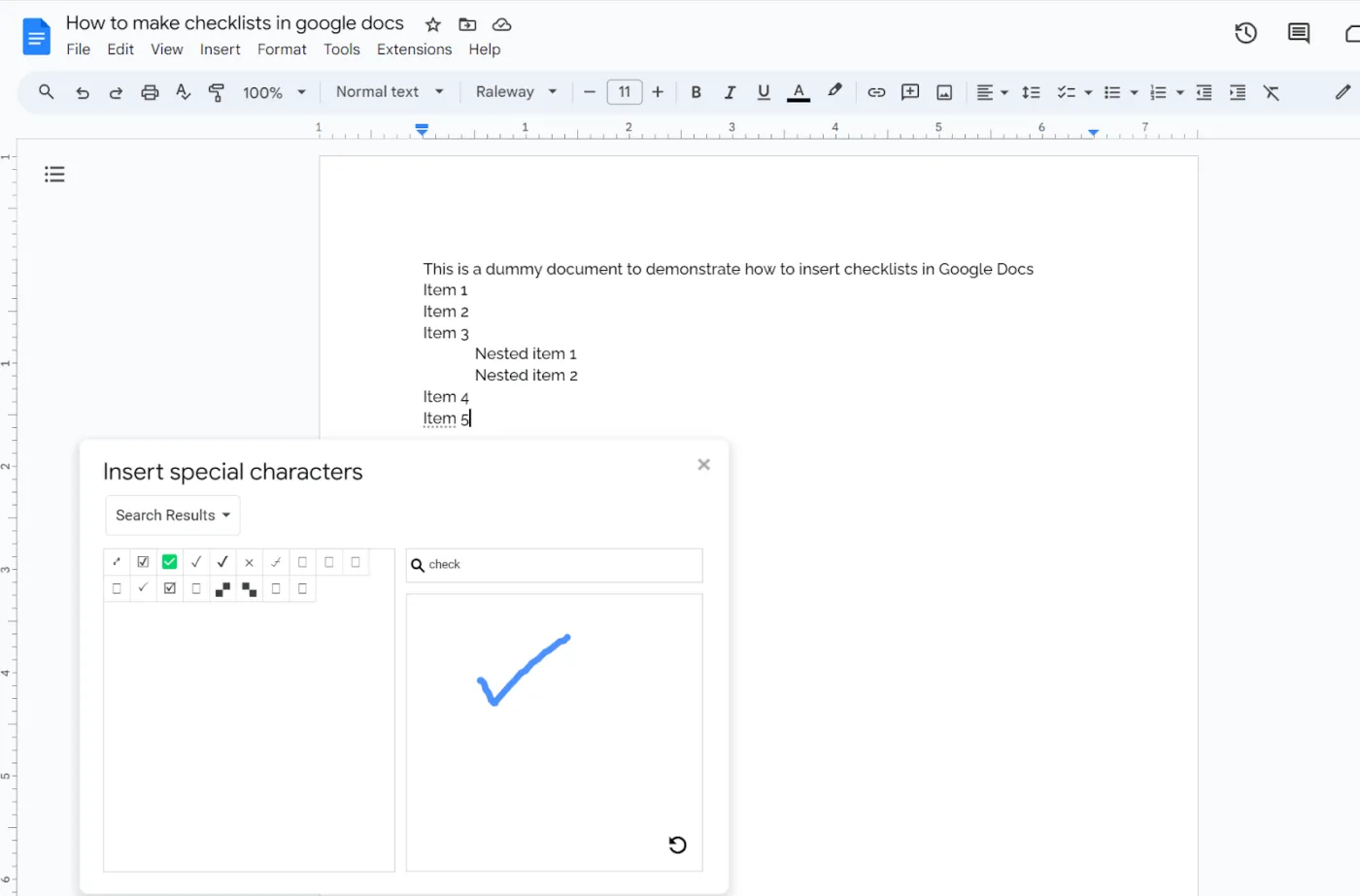 Dialogfeld zum Einfügen neuer Zeichen in Google Docs, Suche nach Kontrollkästchen