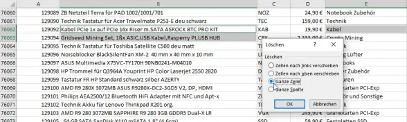 Dialogfeld zum Löschen von Zellen mit der Option "Ganze Zeile" ausgewählt