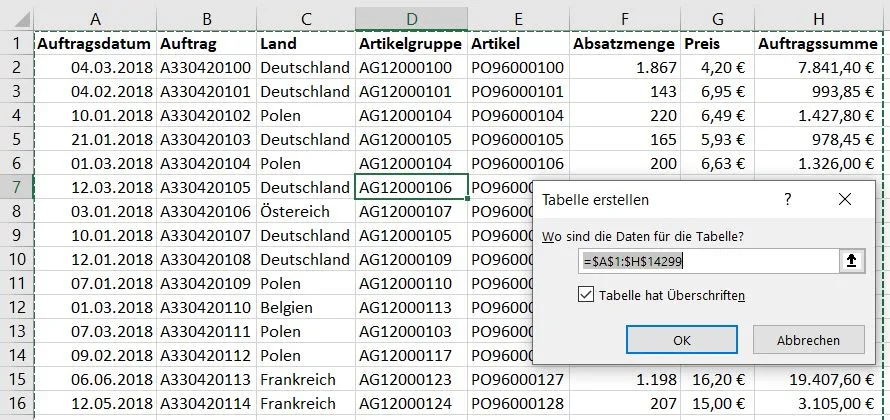 Dialogfeld zur Erstellung einer intelligenten Tabelle in Excel
