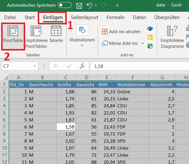 Dialogfeld zur Erstellung einer Pivot-Tabelle, zeigt die Auswahl des Datenbereichs und des Ausgabebereichs