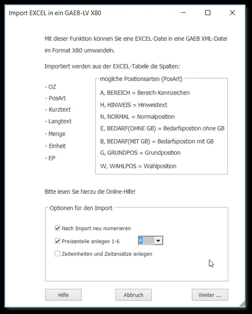 Dialogfenster des GAEB-Online Konvertierungsassistenten für Excel-Daten.