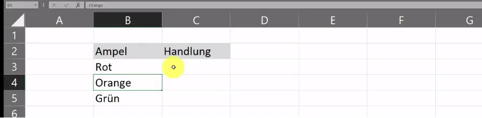 Die Ampel im Excel-Beispiel zeigt "Orange", um die erweiterte Funktionalität der verschachtelten WENN-Funktion zu demonstrieren
