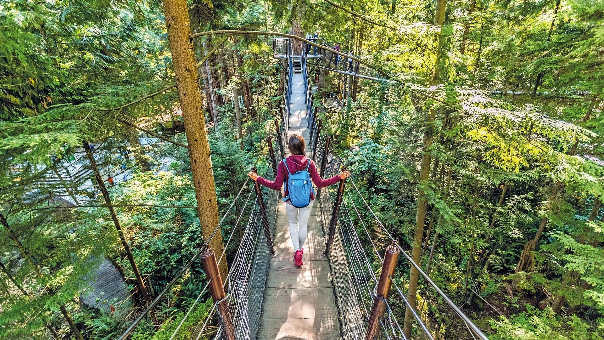 Die beeindruckende Capilano Suspension Bridge hoch über dem Fluss.