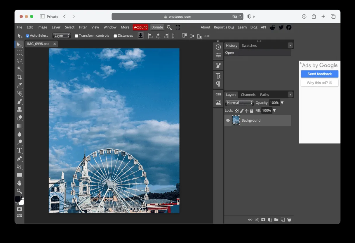 Die Benutzeroberfläche von Photopea, die als Online-Bildeditor mit Unterstützung für verschiedene Dateiformate dient