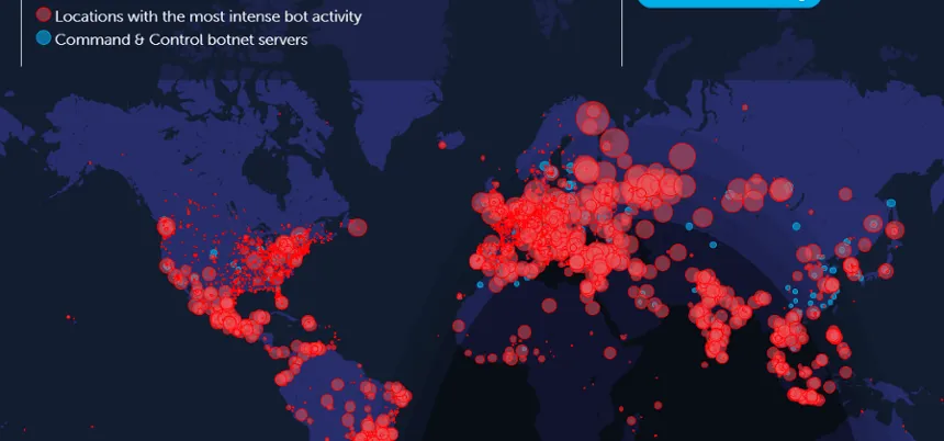 Die Deteque Botnet-Bedrohungslandkarte visualisiert Botnetz-Angriffe in Echtzeit über den Globus.