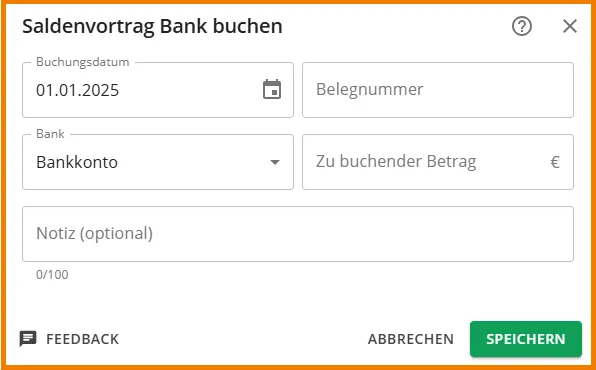 Die Eingabemaske für den Saldenvortrag eines Bankkontos in Lexware, mit Feldern für Saldo, Buchungsdatum und Belegnummer.