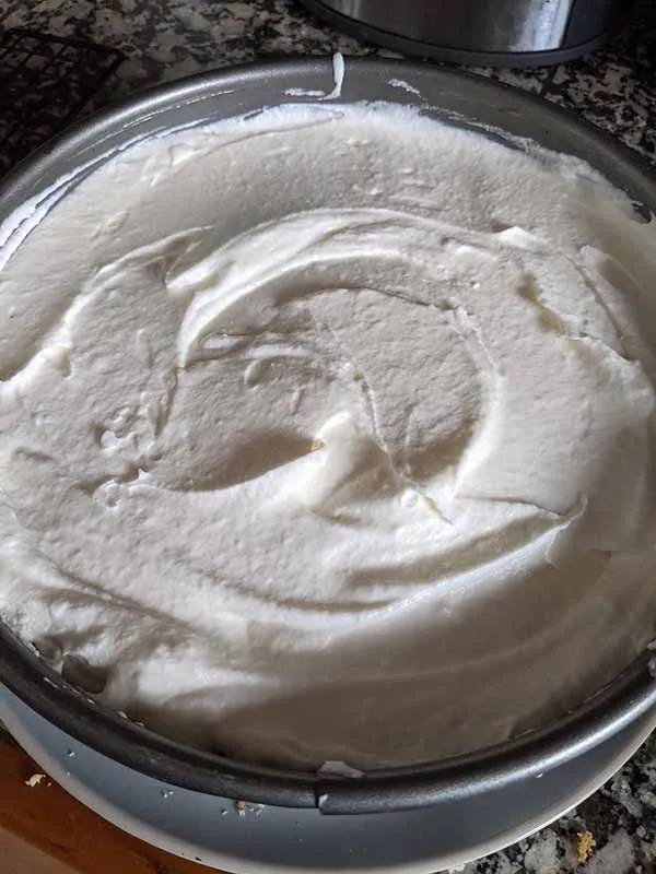 Die fertig zusammengesetzte Torte mit dem oberen Kuchenboden auf der Füllung.