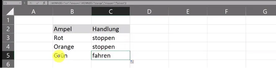 Die Formel der verschachtelten WENN-Funktion in Excel für das Ampel-Beispiel