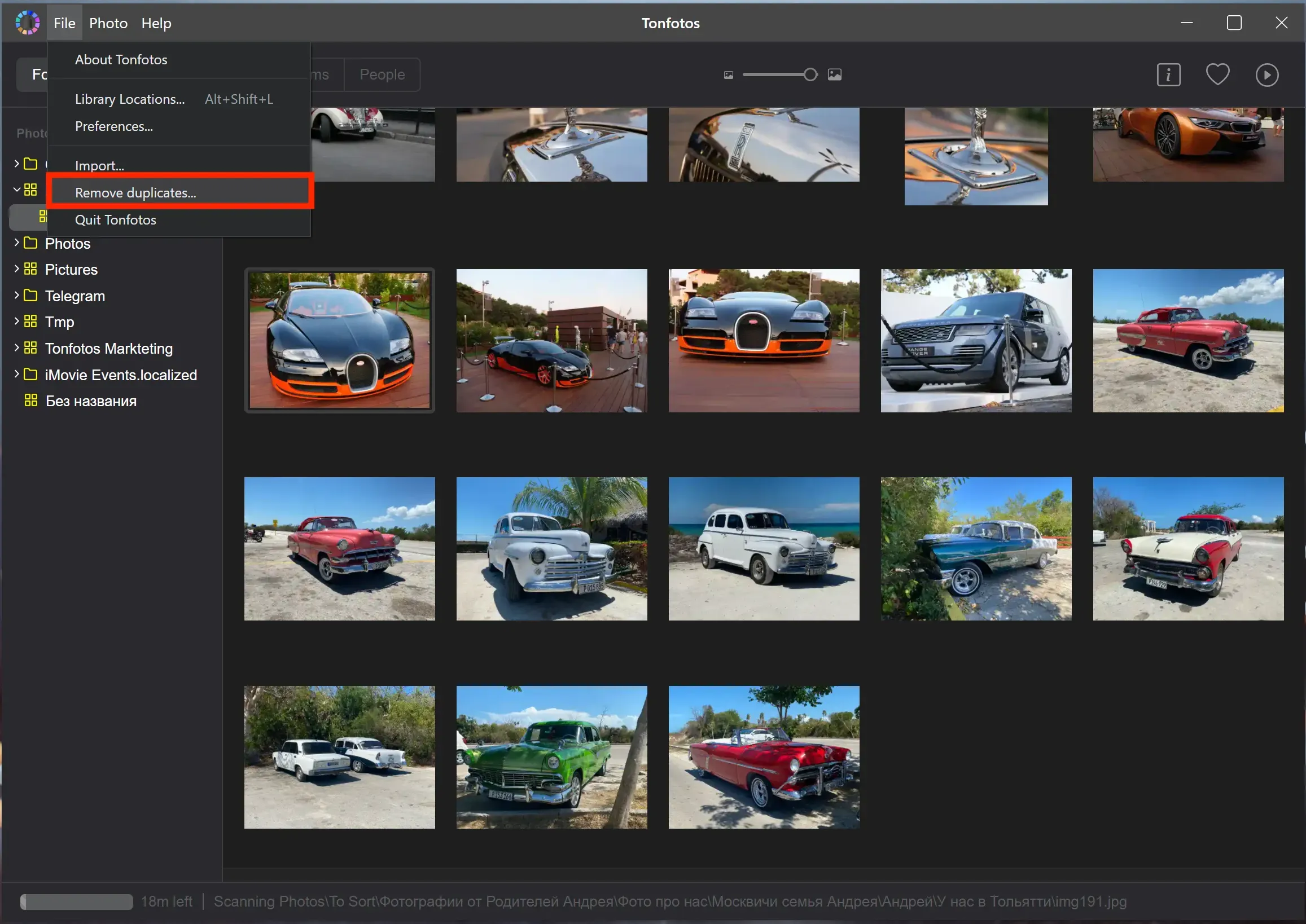 Die Funktion zum Löschen von Duplikaten im Menü der Tonfotos-Anwendung