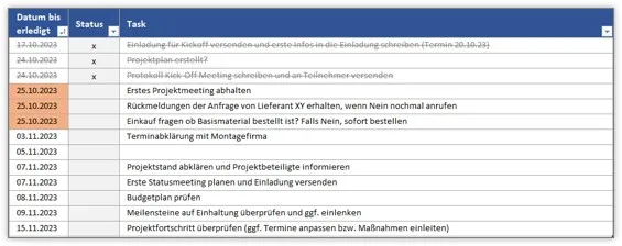 Die nach Datum aufsteigend sortierte Aufgabenliste in Excel