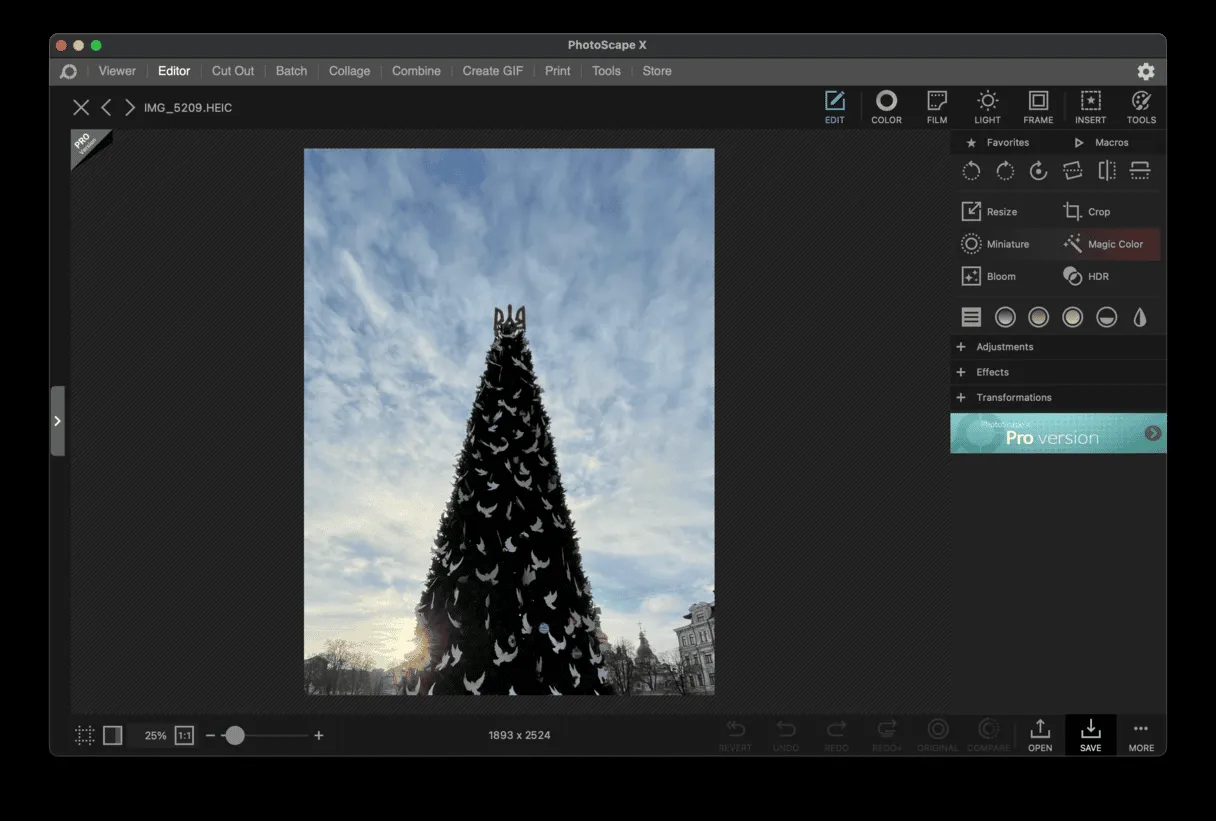 Die Oberfläche von PhotoScape X, die eine intuitive Fotobearbeitung mit verschiedenen Effekten und Werkzeugen ermöglicht