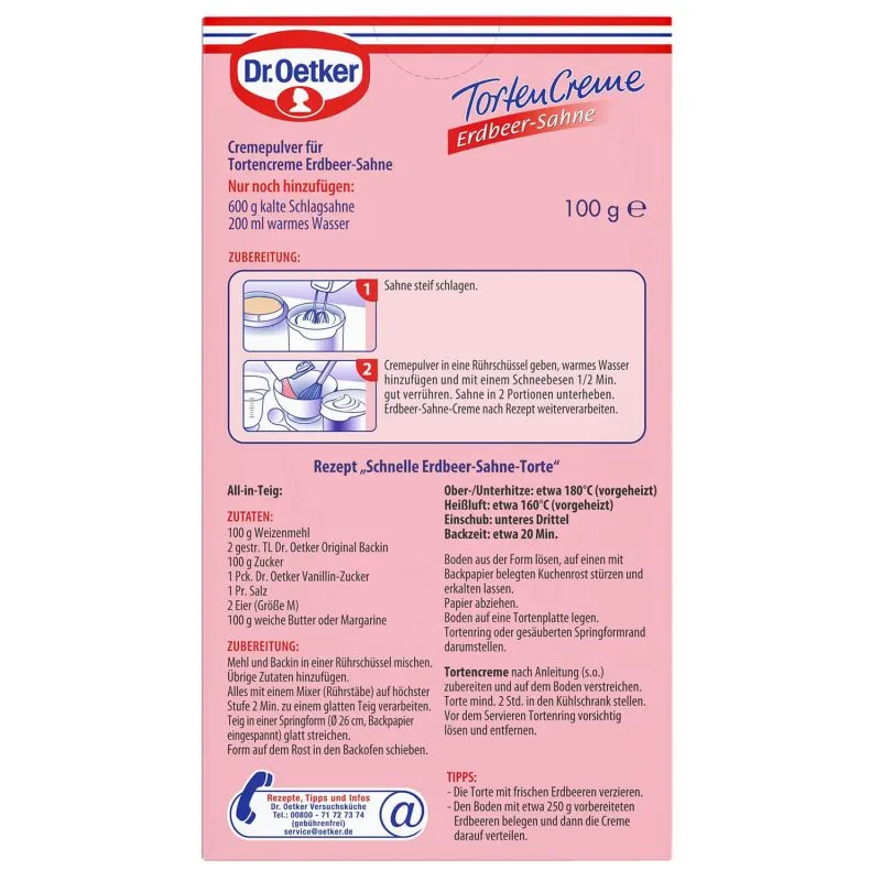 Die Rückseite der Dr. Oetker Erdbeer-Sahne Tortencreme Packung mit Zubereitungshinweisen