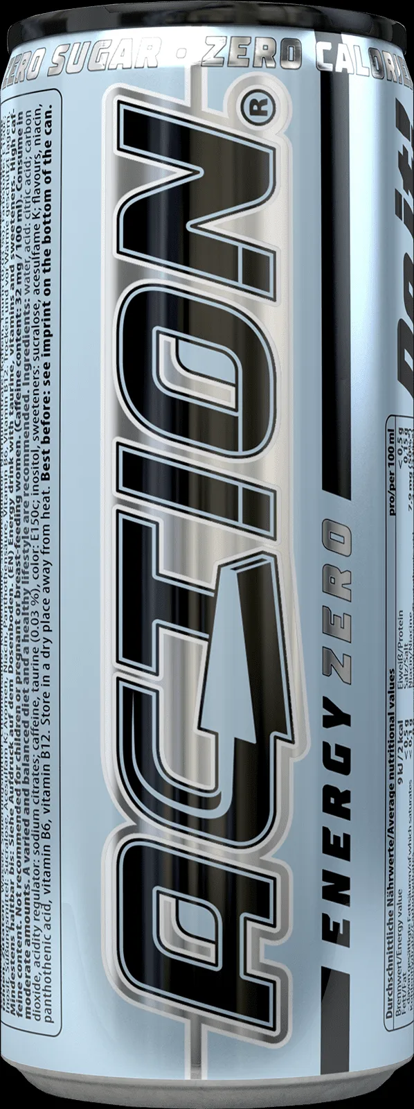 Dose Action Energy Zero mit blau-weißem Design und Schriftzug