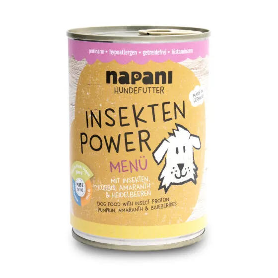 Dosen mit purinarmem Insektenprotein-Hundefutter.