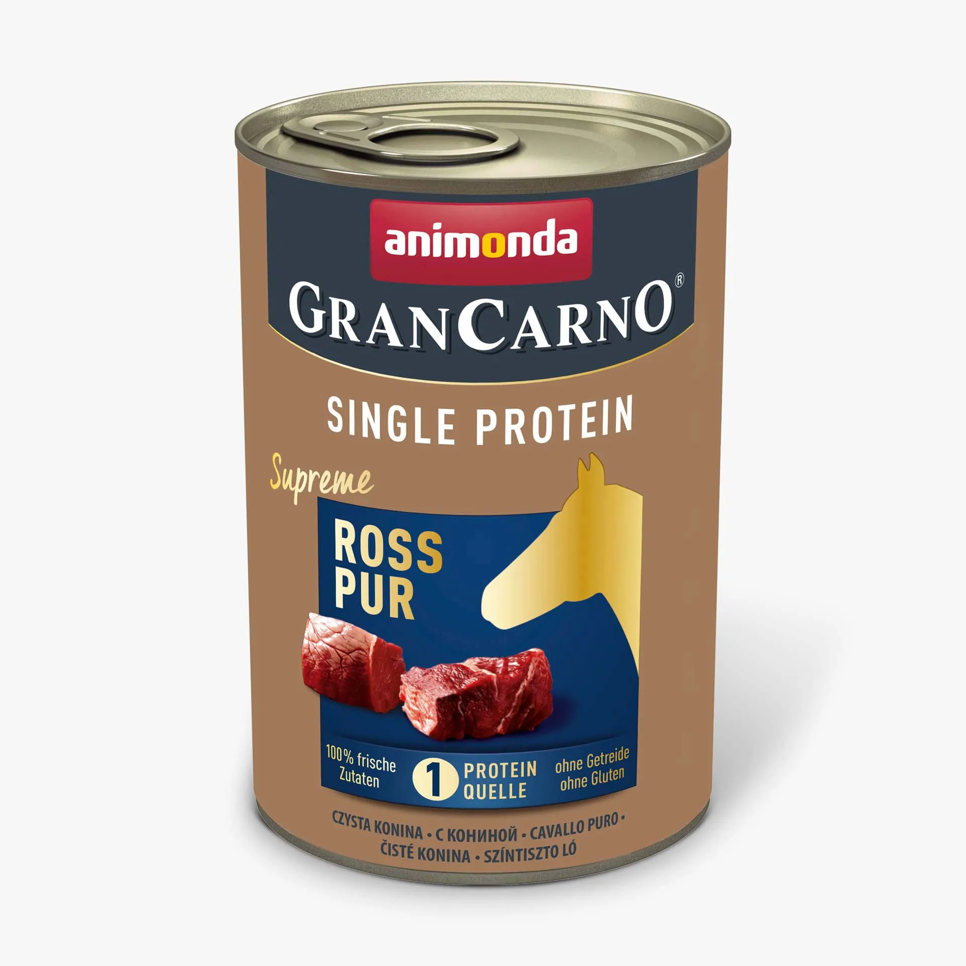 Dosen von GranCarno Single Protein Supreme Nassfutter, mit einem Etikett "Ross pur".