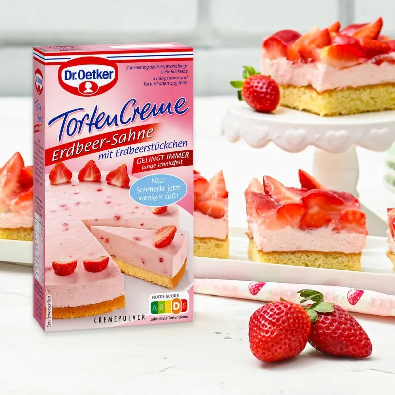 Dr. Oetker Erdbeer-Sahne Tortencreme Produktabbildung für appetitliche Tortenkreationen