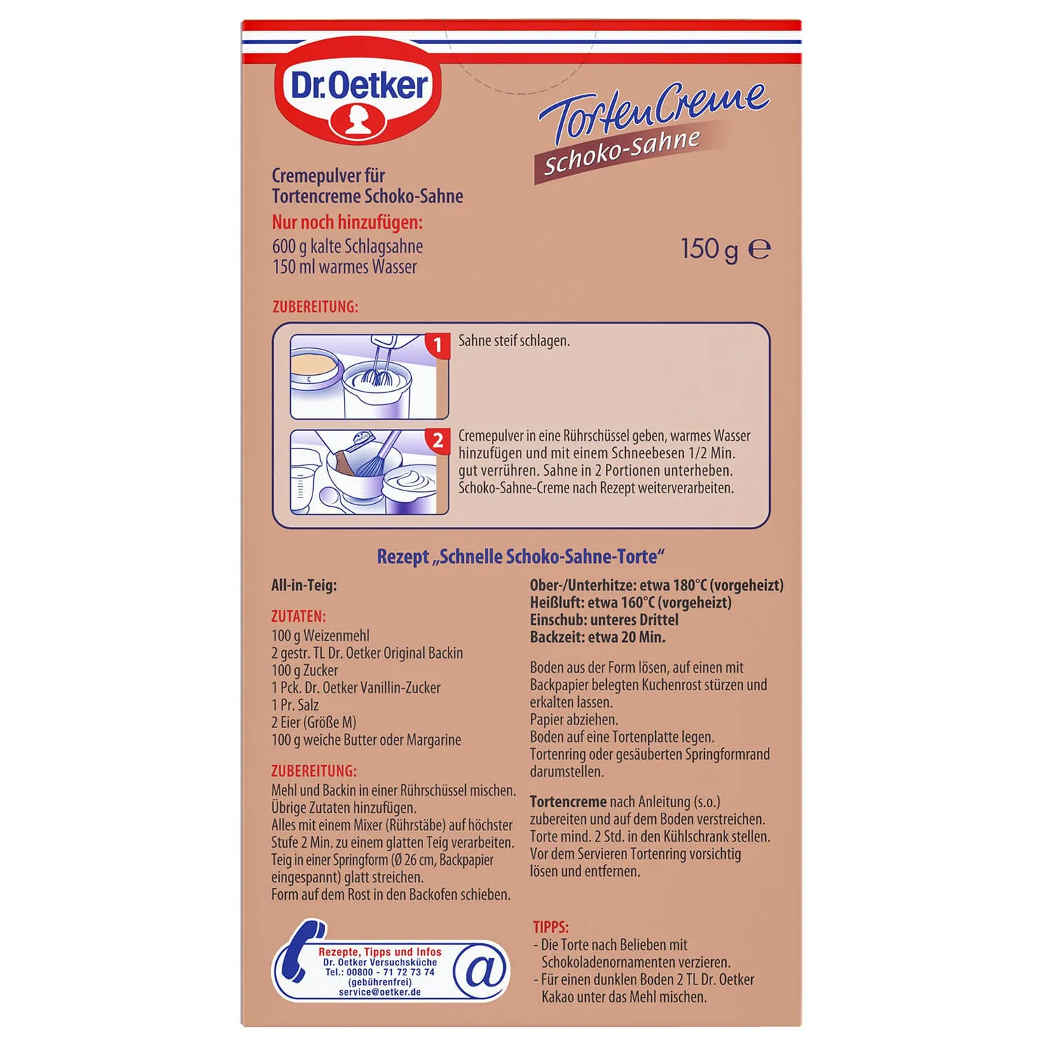 Dr. Oetker Schoko-Sahne Tortencreme Packung, Rückseite