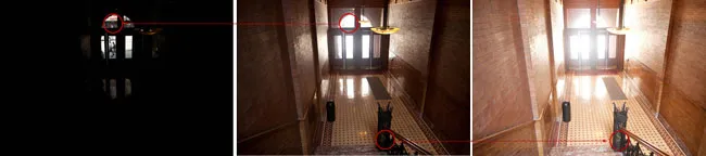 Drei Belichtungen zeigen Unterbelichtung, normale Belichtung und Überbelichtung einer Szene, um den Dynamikbereich zu veranschaulichen.