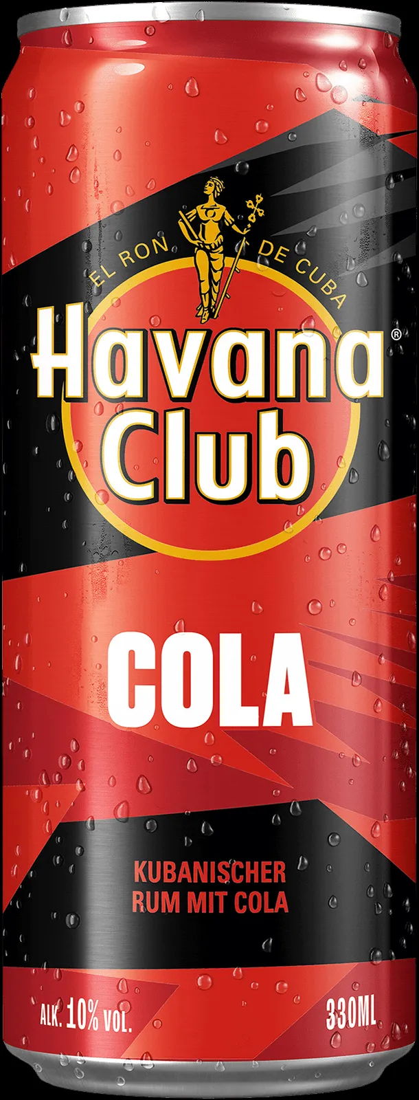 Drei Dosen von Havana Club & Cola auf einem Holztisch mit Eiswürfeln