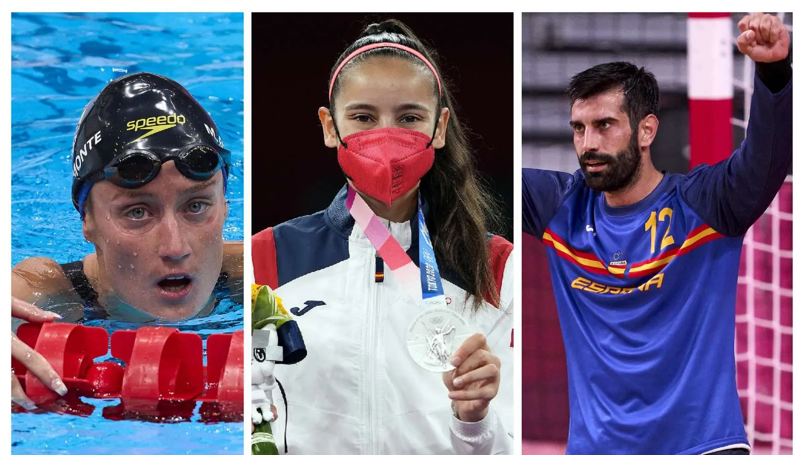 Drei Fotos von den Olympischen Spielen, spanische Sportler