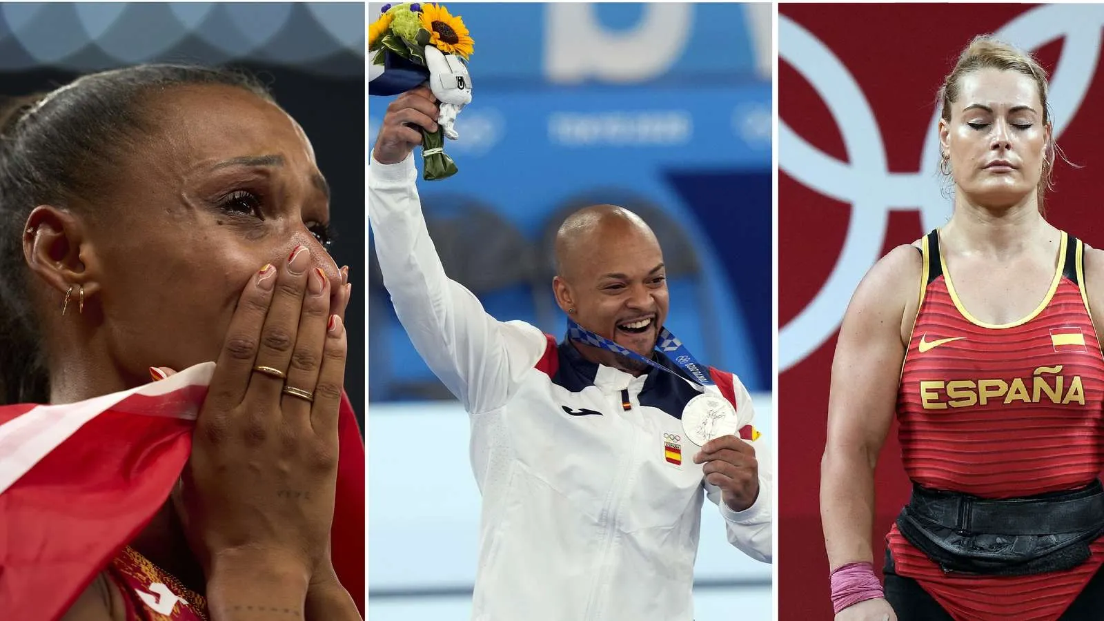 Drei Fotos von olympischen Sportlern aus Spanien, zwei jubeln