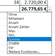 Dropdown-Menü für Berechnungen in der Ergebniszeile einer dynamischen Tabelle
