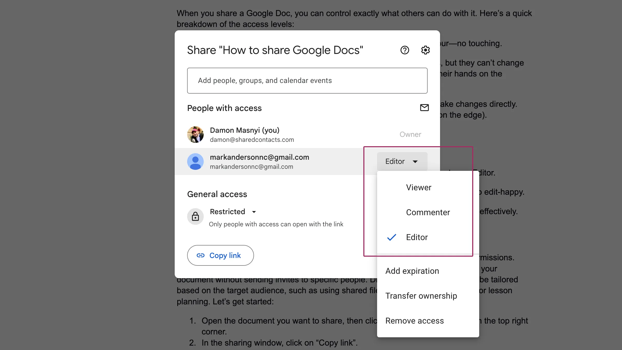Dropdown-Menü für Freigabeberechtigungen in Google Docs