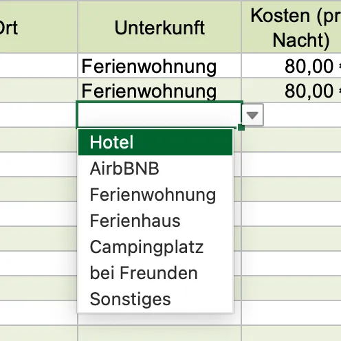 Dropdown-Menü für Unterkunft