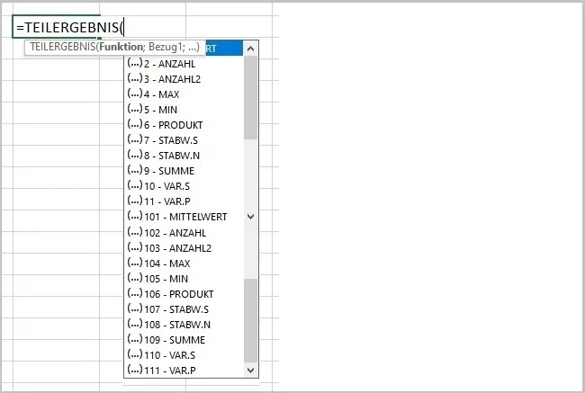 Dropdown-Menü in Excel zeigt alle verfügbaren Berechnungsfunktionen für TEILERGEBNIS