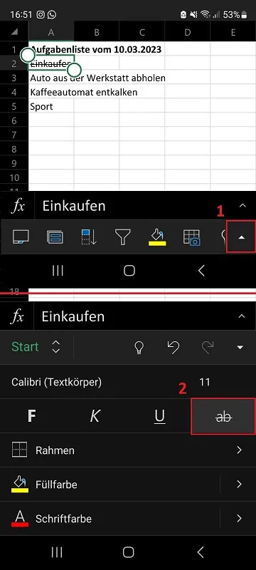 Durchstreichen in Excel für Android