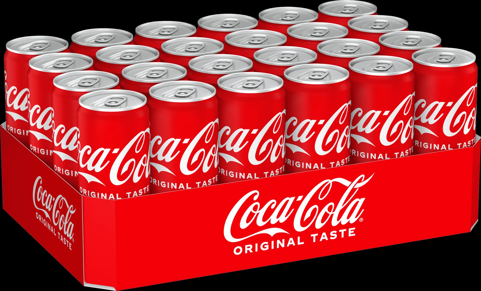 Ein 24er Tray klassischer Coca-Cola Dosen