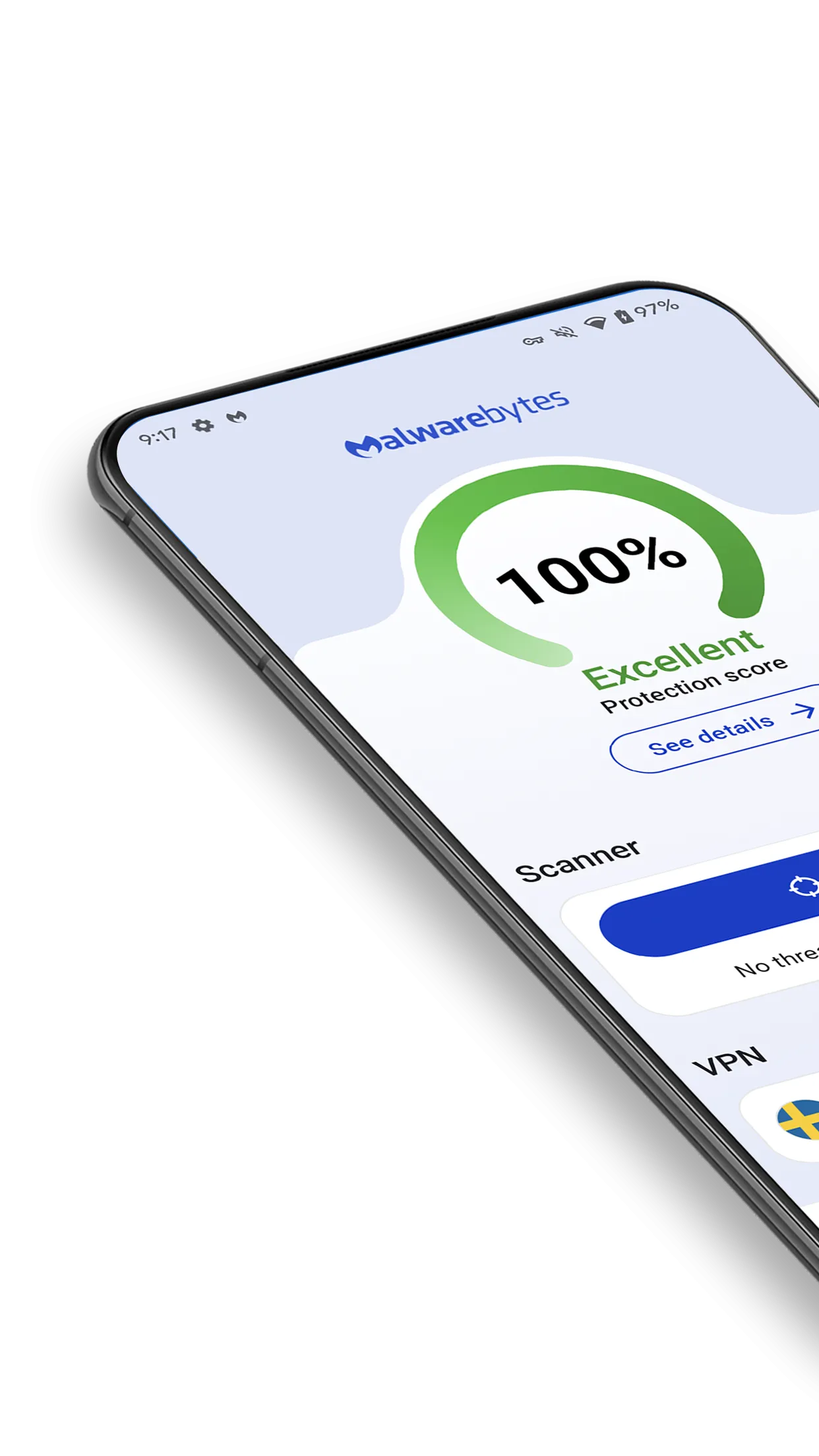 Ein Android-Gerät mit einer stilisierten Darstellung von Sicherheitselementen im Hintergrund, die den Schutz von Malwarebytes Mobile Security für Android symbolisieren