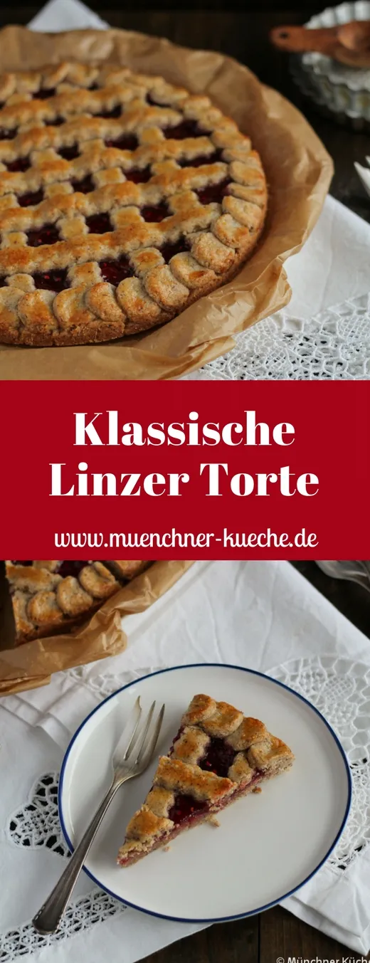 Ein Anschnitt der Linzer Torte, der die köstliche Schichtung von Mürbeteig und Himbeermarmelade zeigt.