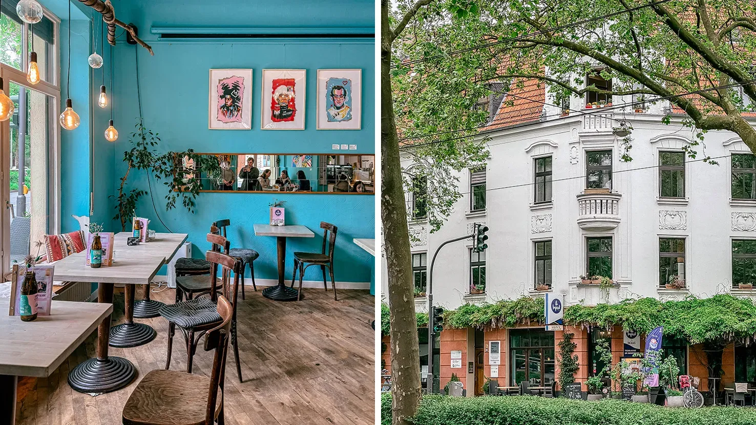 Ein Aperol Spritz auf einem Tisch in einem idyllischen Hinterhofgarten des Impact Cafés in Köln