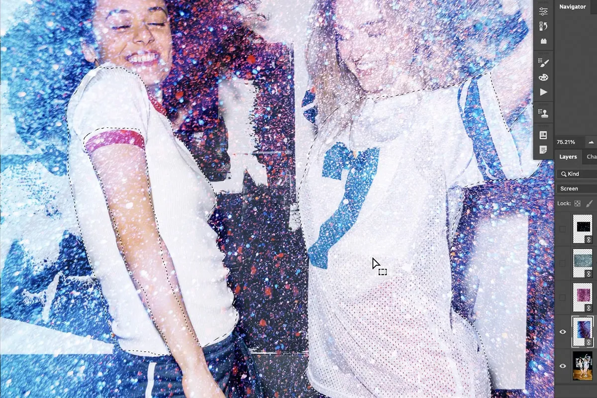 Ein Bild, das in Photoshop geöffnet ist und eine Glitzertextur mit ausgewähltem Mischmodus zeigt