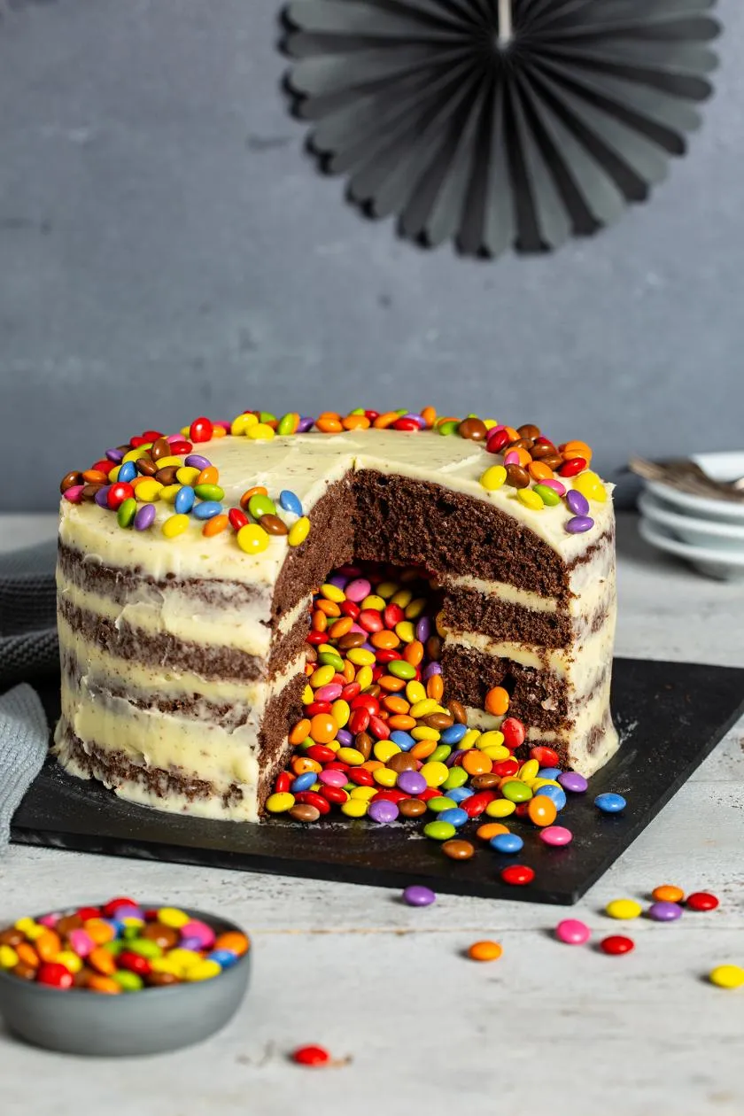 Ein bunter Piñata Kuchen mit versteckten Smarties, eine tolle Überraschung für Kinder