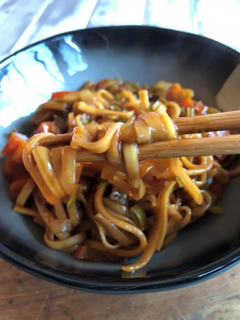 Ein bunter, veganer Gemüse-Wok mit Udon Nudeln, servierfertig in einer Schale