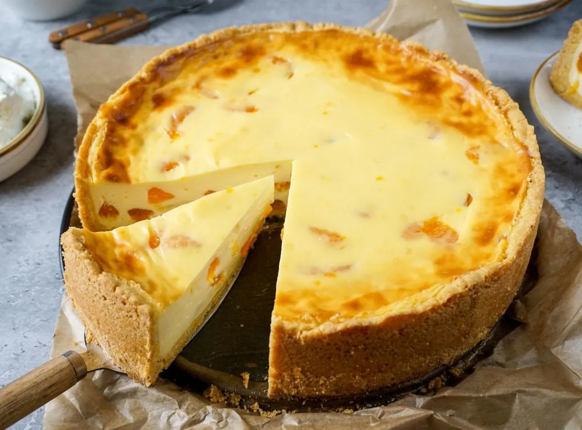 Ein cremig-fruchtiger Käsekuchen mit Mandarinenstücken auf der Oberfläche